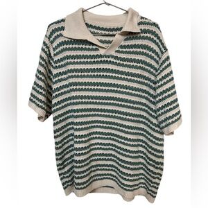 Manfinity High End Striped Green & Cream Knit See Through Polo Shirt Men’s XL